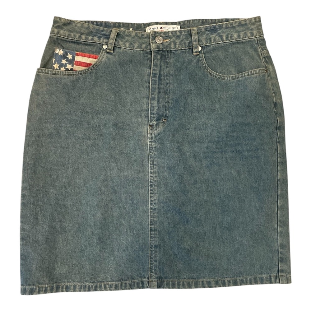 Tommy Hilfiger Vintage 90s Denim‎ Mini Skirt Blue Flag Pocket Women Size 12